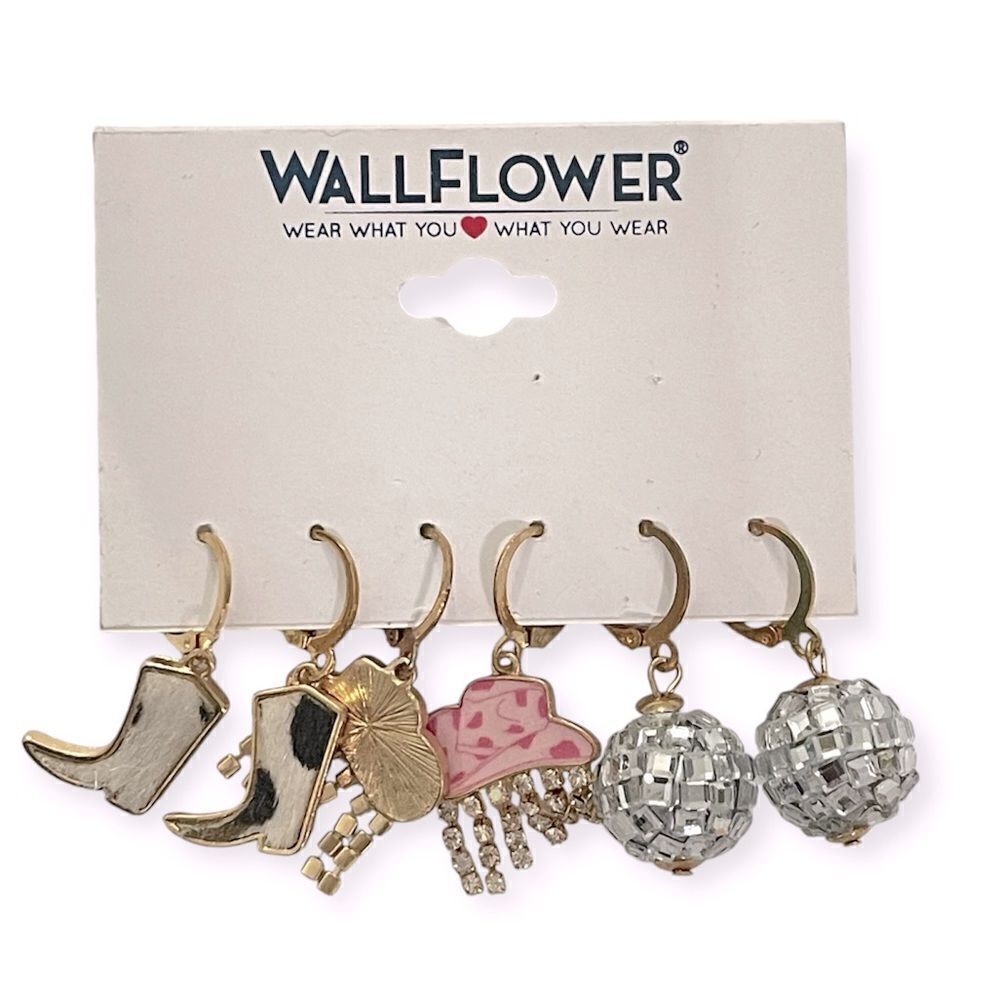 Wallflower Western Cowgirl Hat Boots Disco Ball 3-Pack Drop Earrings Set